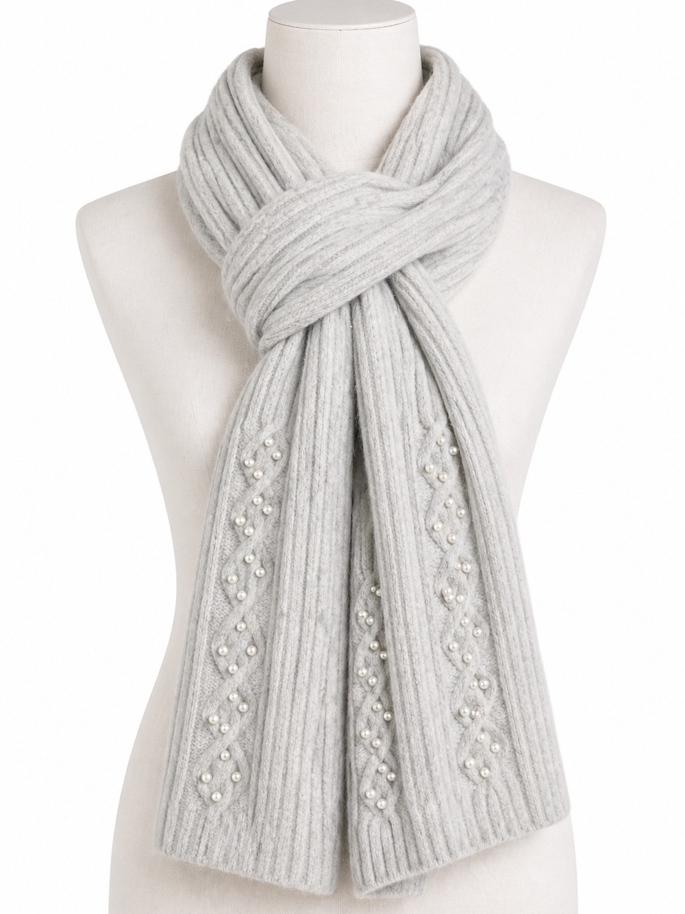 Badgley Mischka Gray Pearl Embellished Knit Scarf Ribbed Soft Winter Elegant